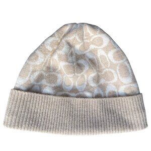 Coach Wool Cashmere Angora Signature Logo Hat Cream Tan Cuffed Beanie Winter